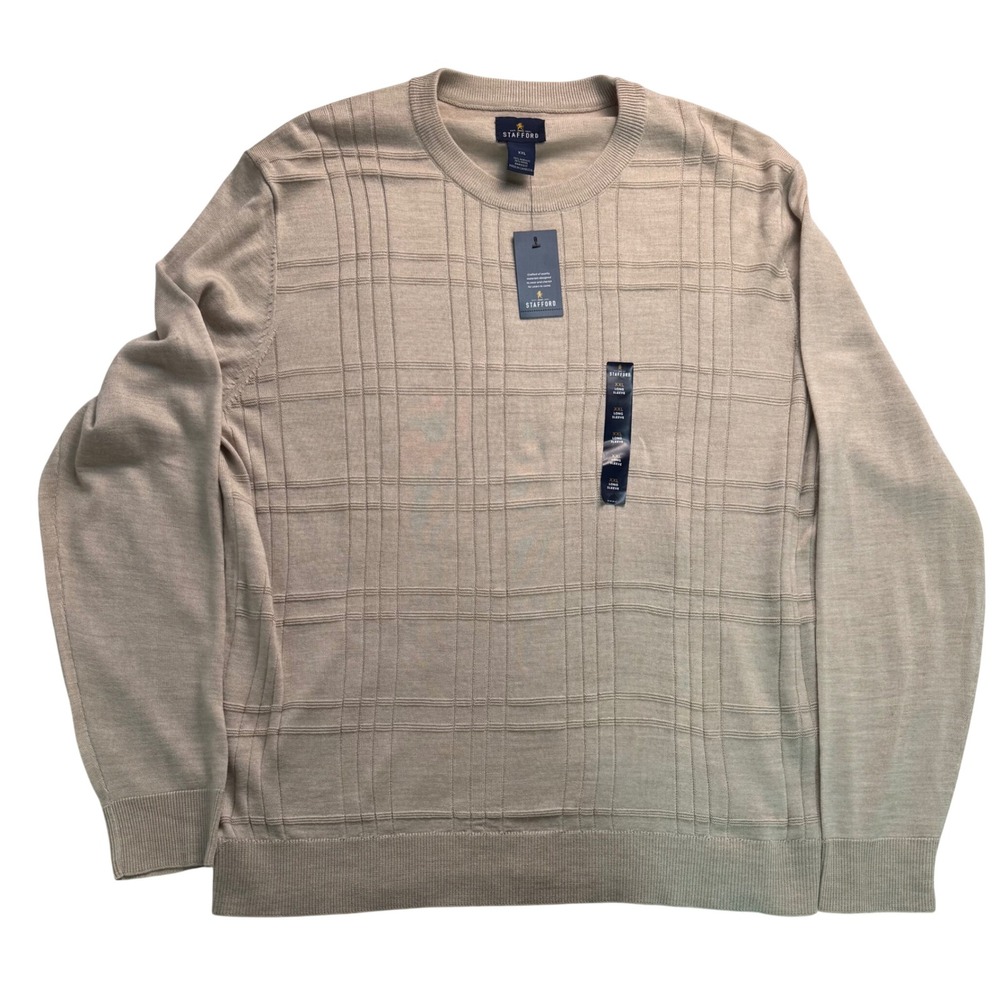 Stafford Mens Taupe Grid Pattern Crew Neck Wool Blend Sweater XXL NWT
